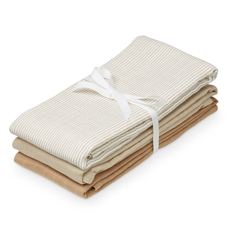 3er Set Mulltücher von Cam Cam in den schönen Naturtönen Latte, Camel und Classic Stripes Camel