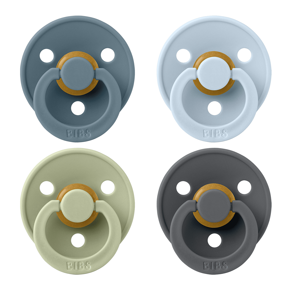 Bibs Sucette en caoutchouc naturel - Forme ronde - 6-12 mois - Lot de 4 « Try It Colour » Pétrole/Sauge/Bleu bébé/Fer
