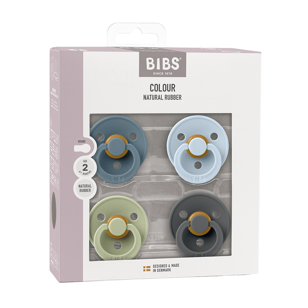 Bibs Sucette en caoutchouc naturel - Forme ronde - 6-12 mois - Lot de 4 « Try It Colour » Pétrole/Sauge/Bleu bébé/Fer