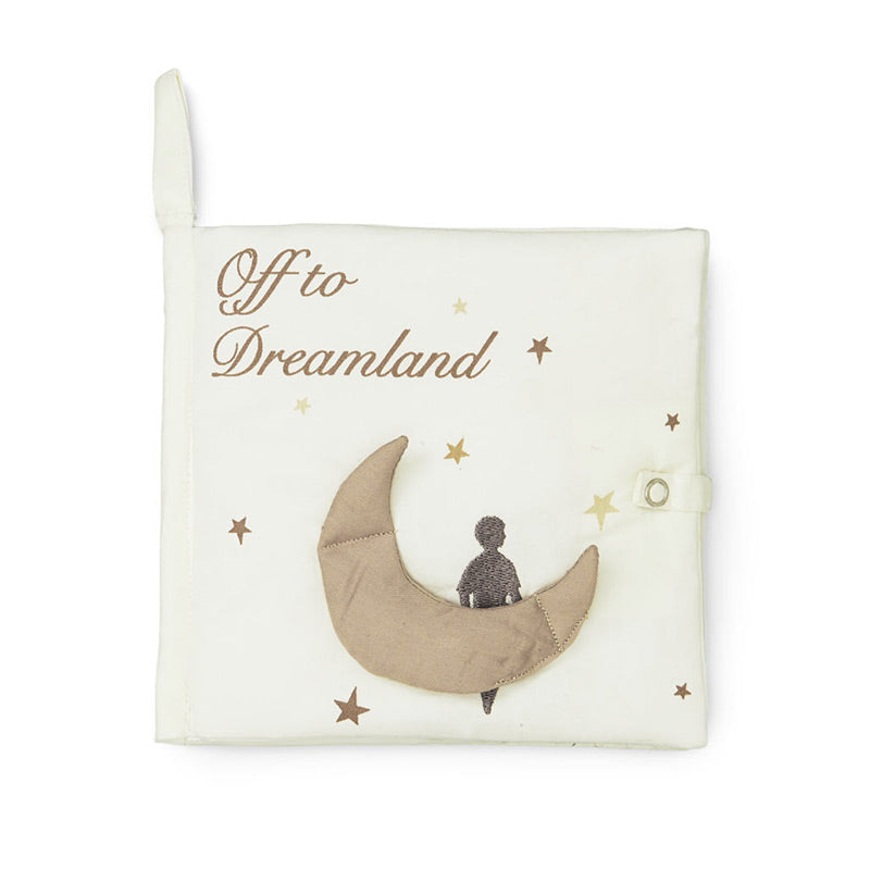 Süsses Baby-Stoffbuch von Cam Cam Copenhagen aus der "Dreamland" Collection. Bestickt mit dem Kind, welches auf dem Mond sitzt.