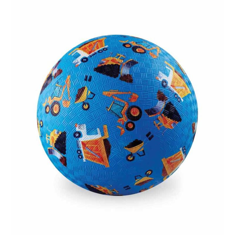 Spielball in Blau mit Baustellenfahrzeuge-Muster in Gelb drauf. 