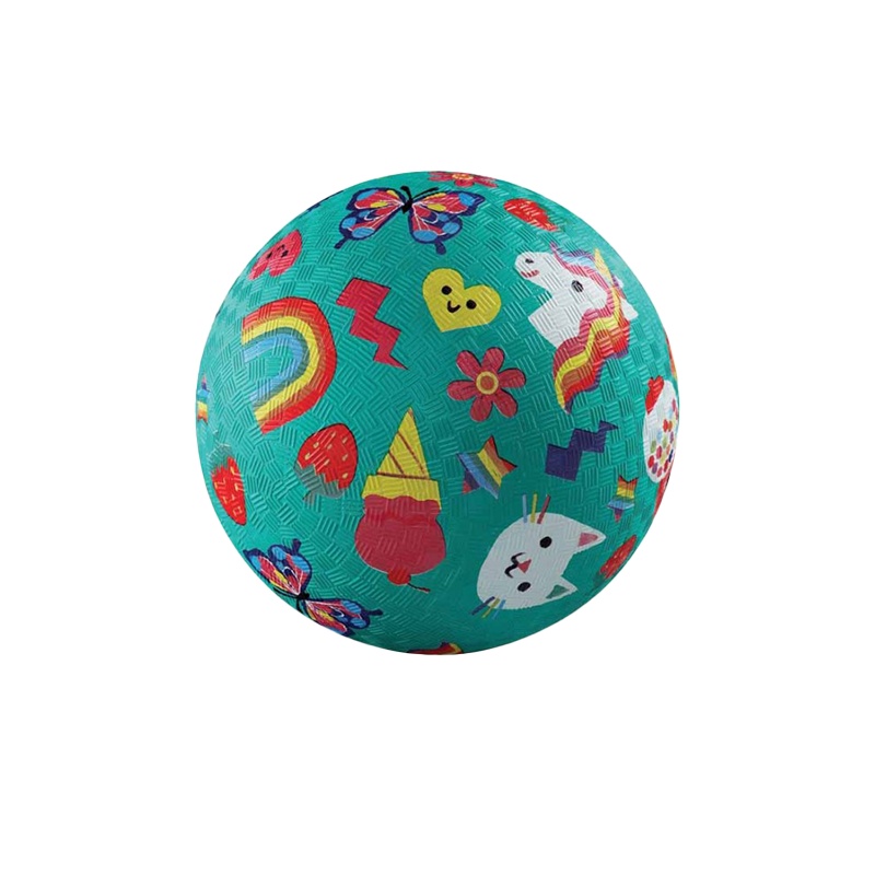 Crocodile Creek Spielball in Türkis mit schmetterlingen, Einhörnern, Regenbogen und Glace drauf. 