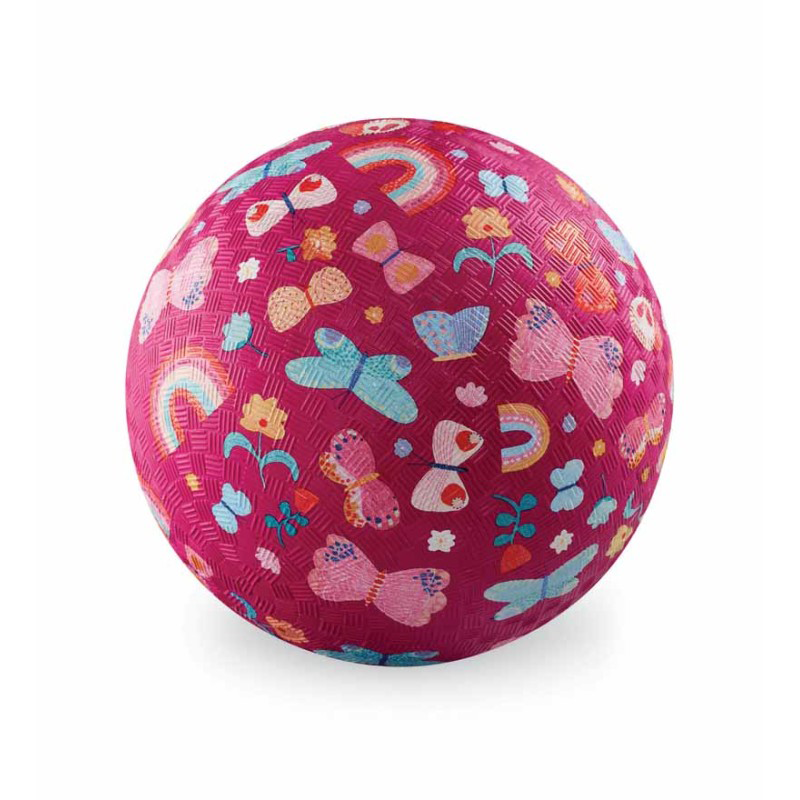 Spielball für Kinder in Pink mit Schmetterlingen, Blumen und Regenbögen drauf. 