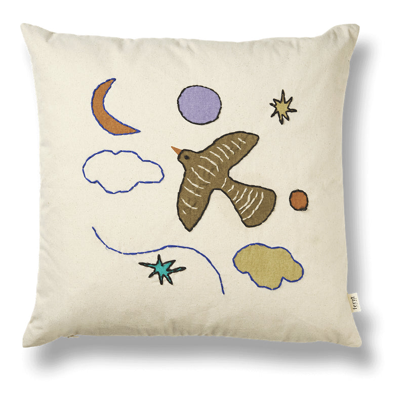 Kissen in Beige mit besticktem Vogel von Ferm Living