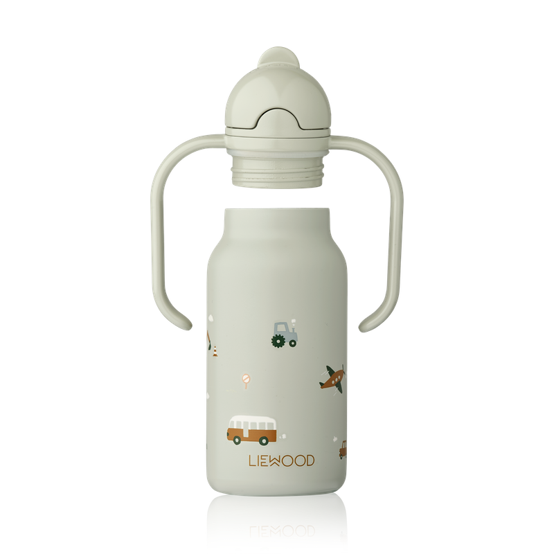 Kinder Trinkflasche mit Strohhalm und Griffen in Blau mit Fahrzeugen