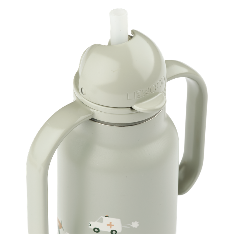 Kinder Trinkflasche mit Strohhalm und Griffen in Blau mit Fahrzeugen
