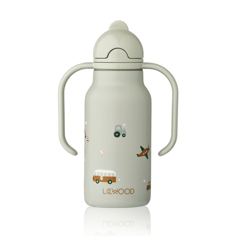 Kinder Trinkflasche mit Strohhalm und Griffen in Blau mit Fahrzeugen