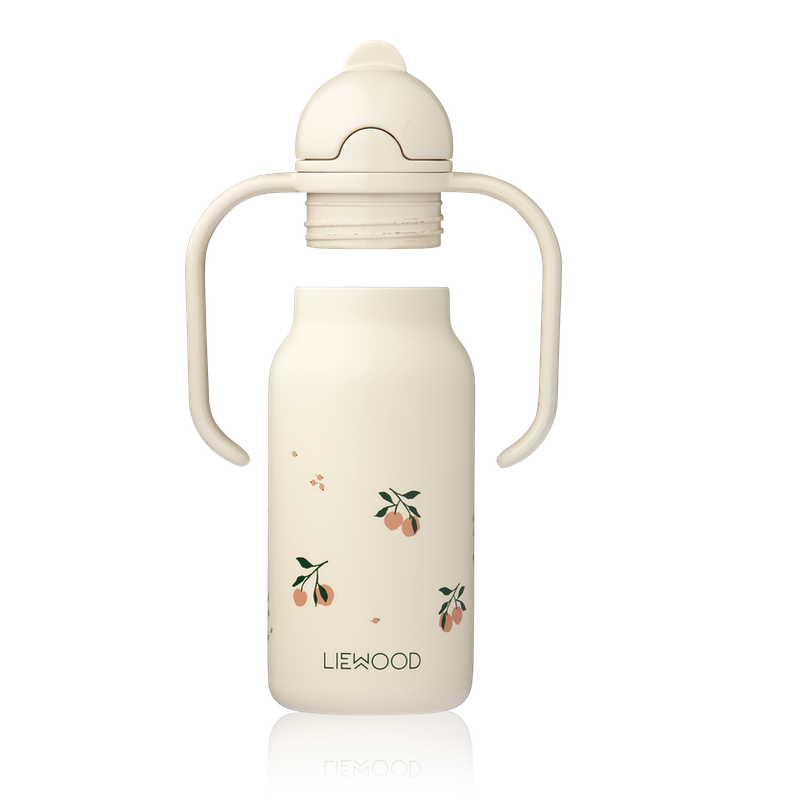 Kinder Trinkflasche mit Strohhalm und Griffen in Beige mir Pfirsich-Print