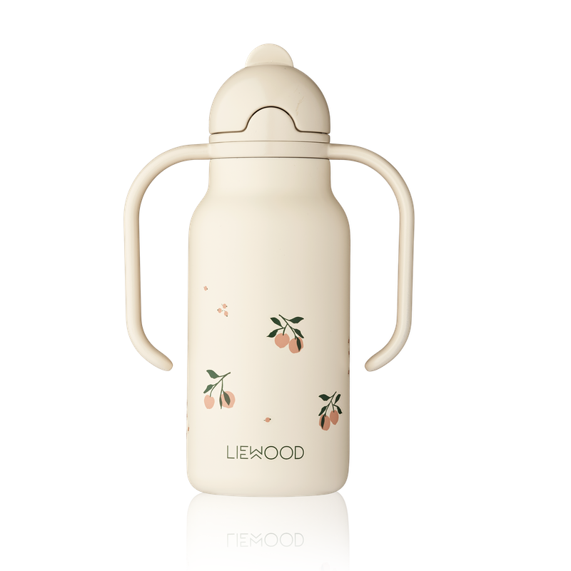 Kinder Trinkflasche mit Strohhalm und Griffen in Beige mir Pfirsich-Print