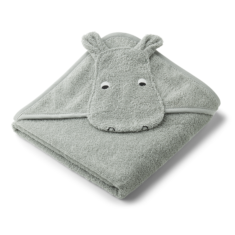 Kapuzenbadetuch für Kinder mit Hippo Gesicht in Grau. 