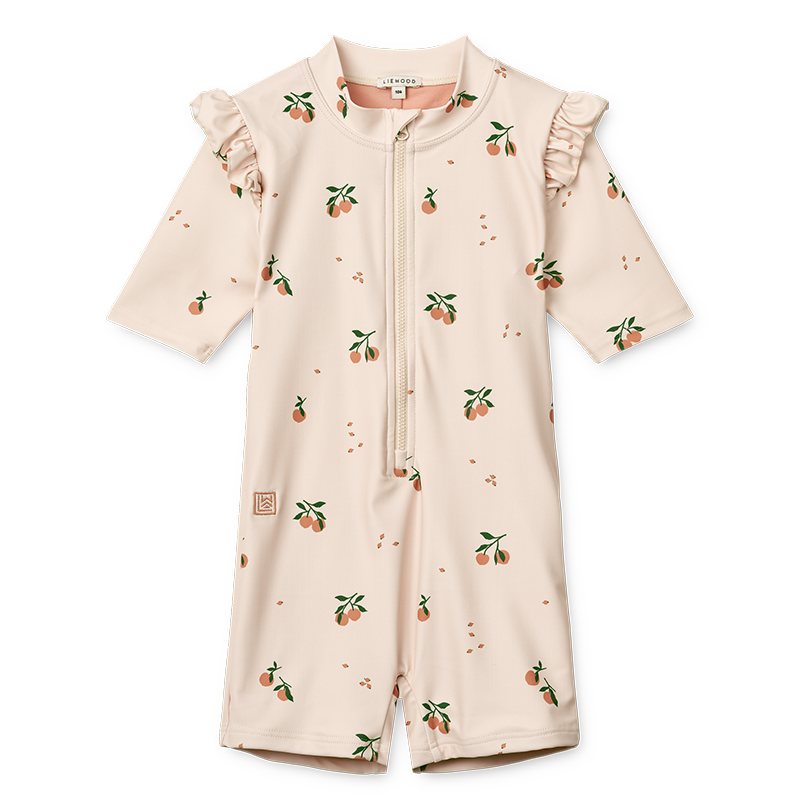 Badeeinteiler für Babys in Beige mit Pfirsichmuster von Liewood. 