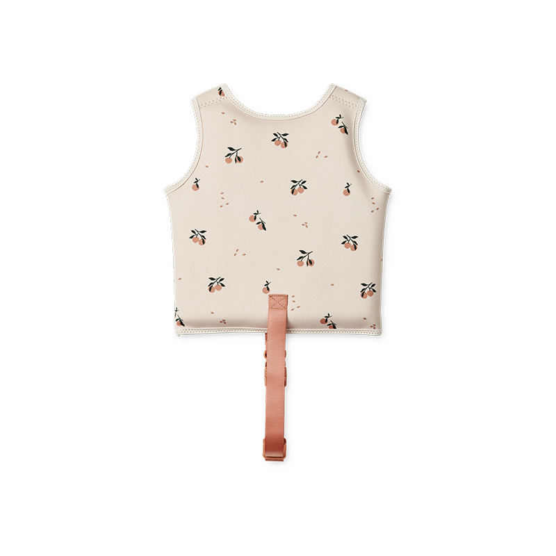 Schwimmweste für Kinder von hinten in Beige mit Pfirsichmuster und Reissverschluss. 