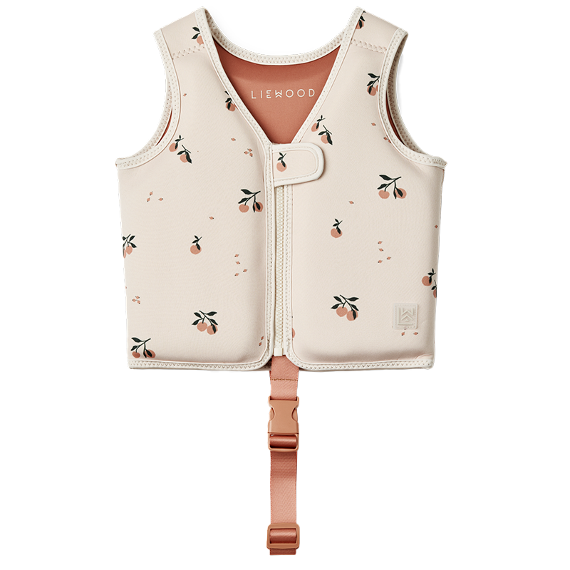 Schwimmweste für Kinder in Beige mit Pfirsichmuster und Reissverschluss.
