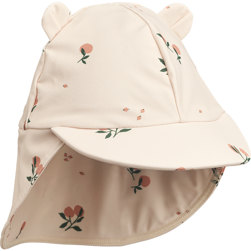 Sonnenhut für Kinder mit Nackenschutz und Öhrchen in Beige mit Pfirsichmuster.