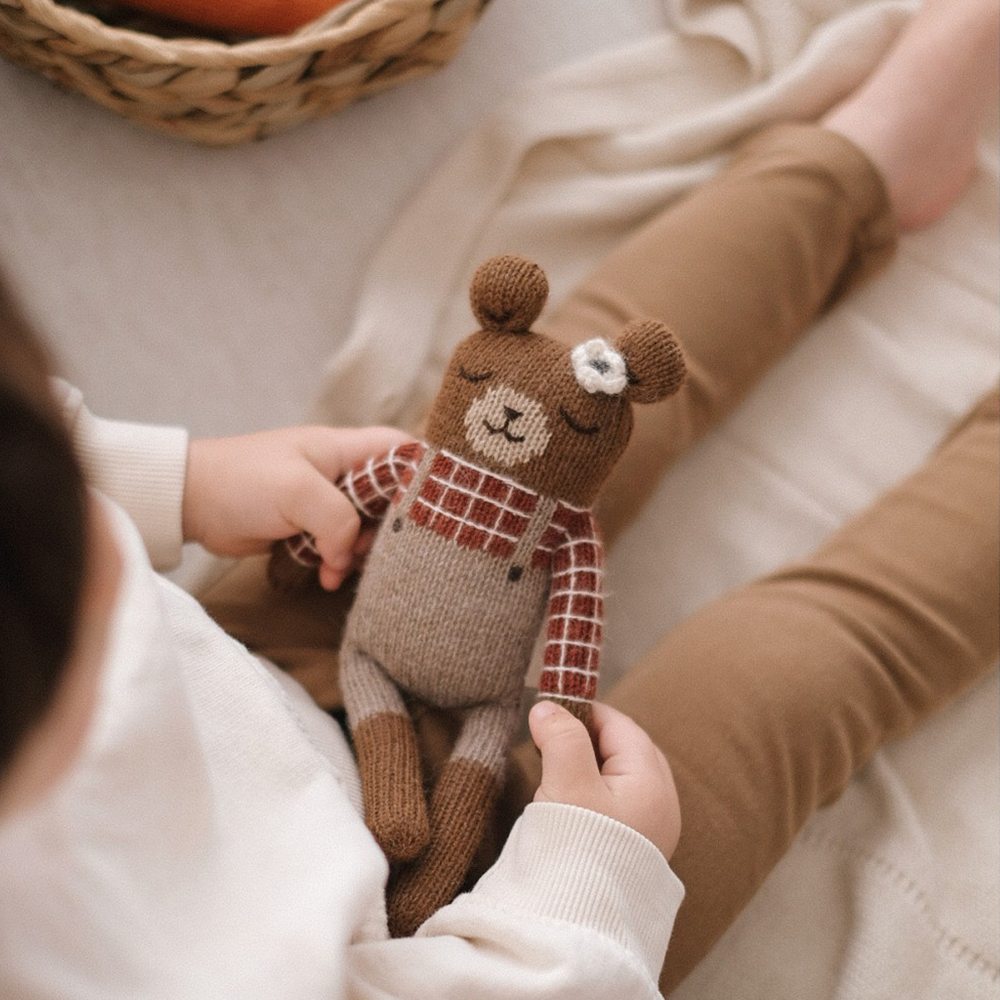 Main Sauvage Knitted Cuddly Toy 'Teddy' Sienna Plaid Shirt
