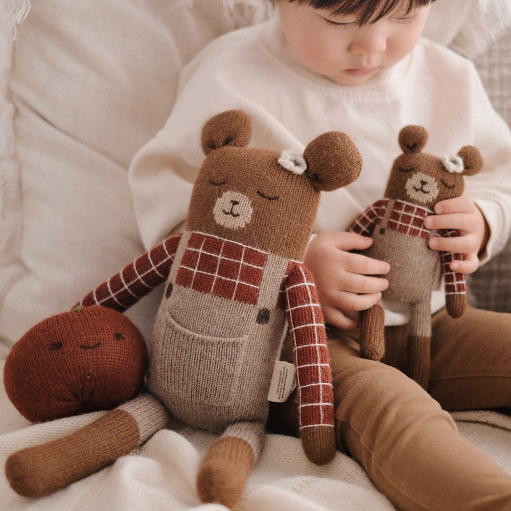 Main Sauvage Knitted Cuddly Toy 'Teddy' Sienna Plaid Shirt
