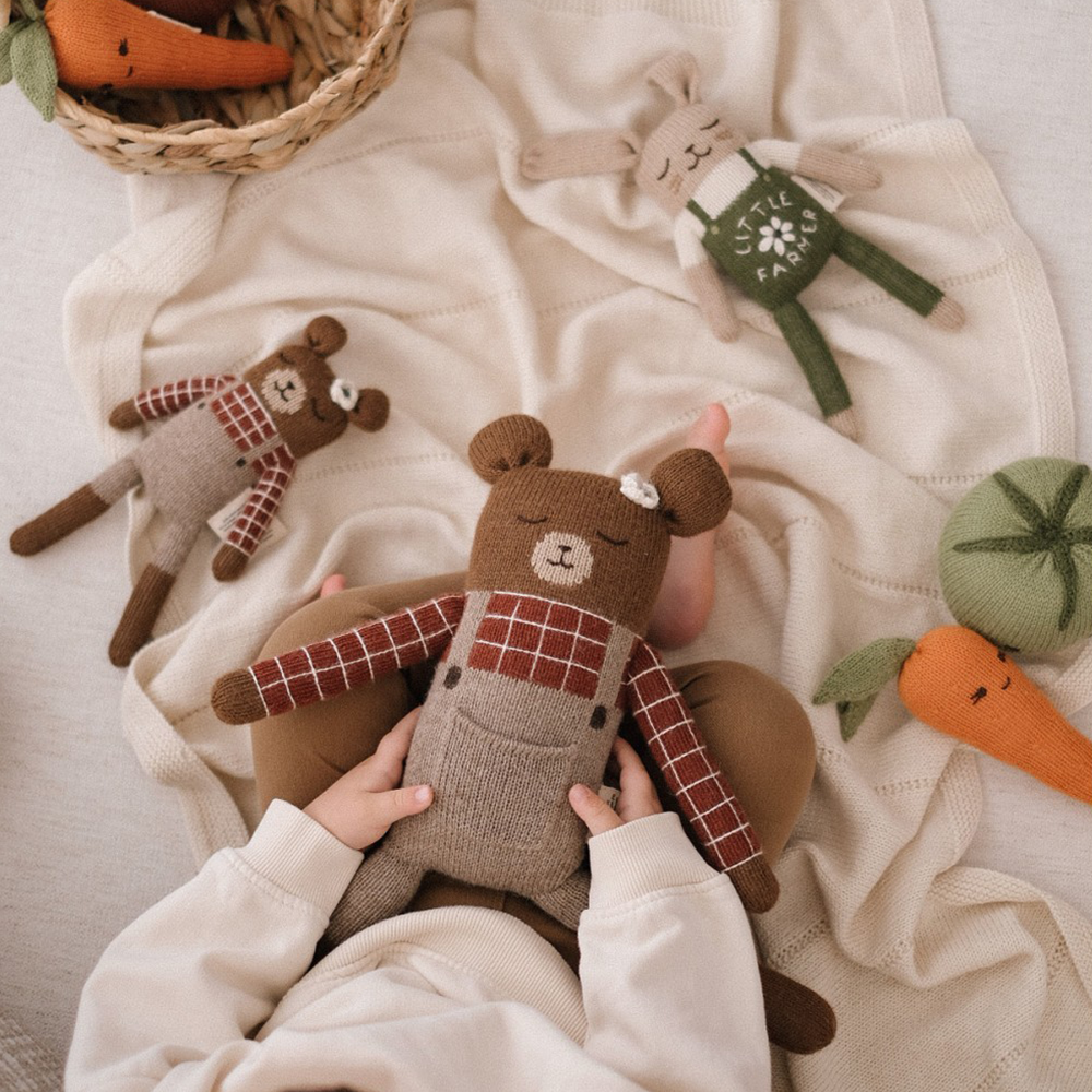 Main Sauvage Knitted Cuddly Toy 'Teddy' Sienna Plaid Shirt