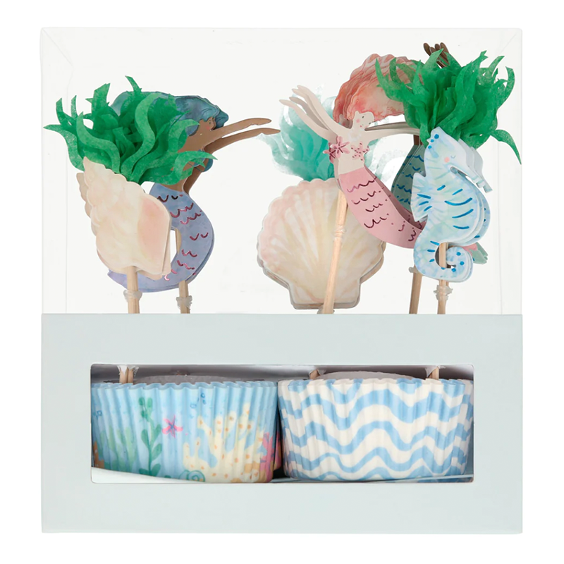 Meri Meri Cupcake Kit mit Meerjungfrauendesigns.