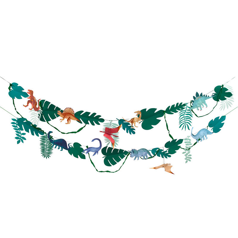 Meri Meri – Party Wimpelkette, Girlande mit coolen Dinos und Urwald-Pflanzen "Dinosaur Kingdom". Mit Kupferfolien Details verziert und ideal für die nächste Party