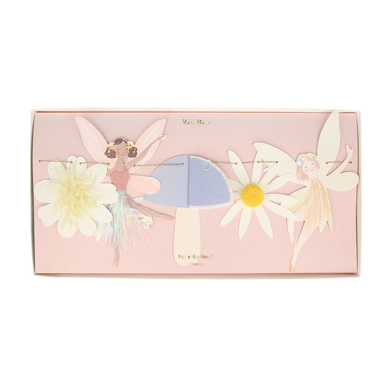 Meri Meri – Süsse Party Wimpelkette, Girlande mit Feen, Pilzen und Blumen "Fairy". Mit Goldfolien Details verziert und ideal für die nächste Party