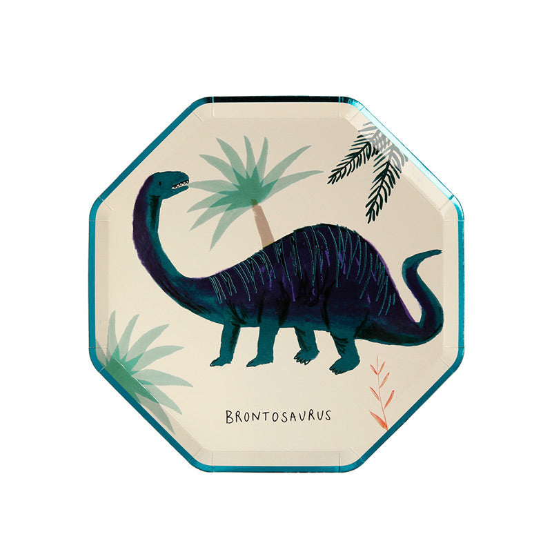 Meri Meri – 8 Partyteller mit verschiedenen Dinosauriern hübsch illustriert und mit Kupfer- & Grüner Folie verziert.