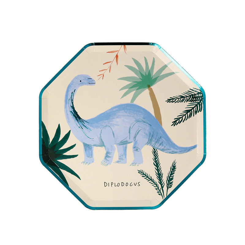 Meri Meri – 8 Partyteller mit verschiedenen Dinosauriern hübsch illustriert und mit Kupfer- & Grüner Folie verziert.