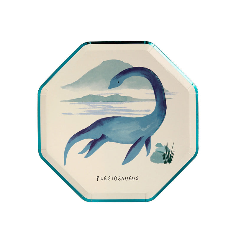 Meri Meri – 8 Partyteller mit verschiedenen Dinosauriern hübsch illustriert und mit Kupfer- & Grüner Folie verziert.