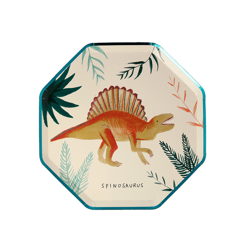 Meri Meri – 8 Partyteller mit verschiedenen Dinosauriern hübsch illustriert und mit Kupfer- & Grüner Folie verziert.