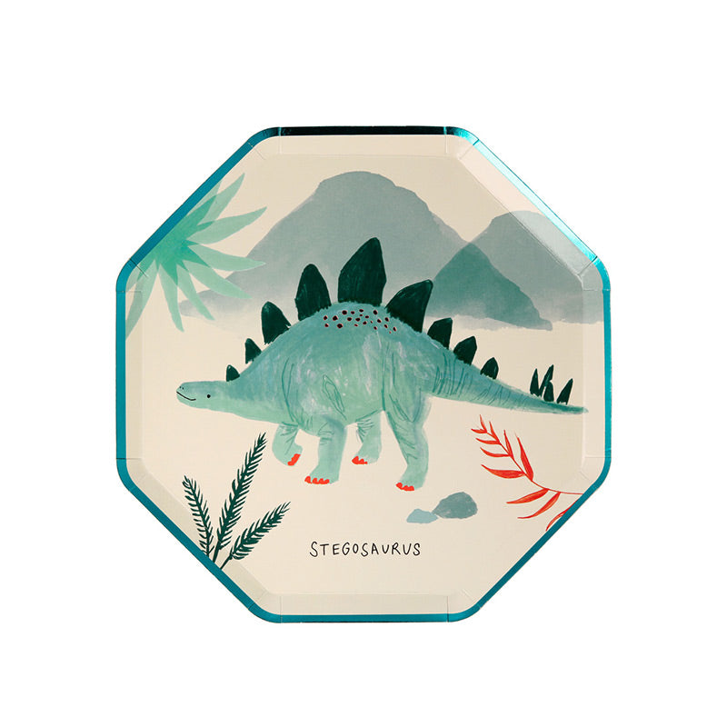 Meri Meri – 8 Partyteller mit verschiedenen Dinosauriern hübsch illustriert und mit Kupfer- & Grüner Folie verziert.