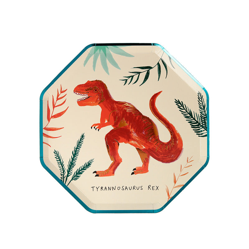 Meri Meri – 8 Partyteller mit verschiedenen Dinosauriern hübsch illustriert und mit Kupfer- & Grüner Folie verziert.