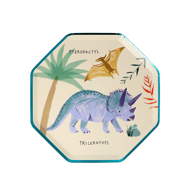 Meri Meri – 8 Partyteller mit verschiedenen Dinosauriern hübsch illustriert und mit Kupfer- & Grüner Folie verziert.
