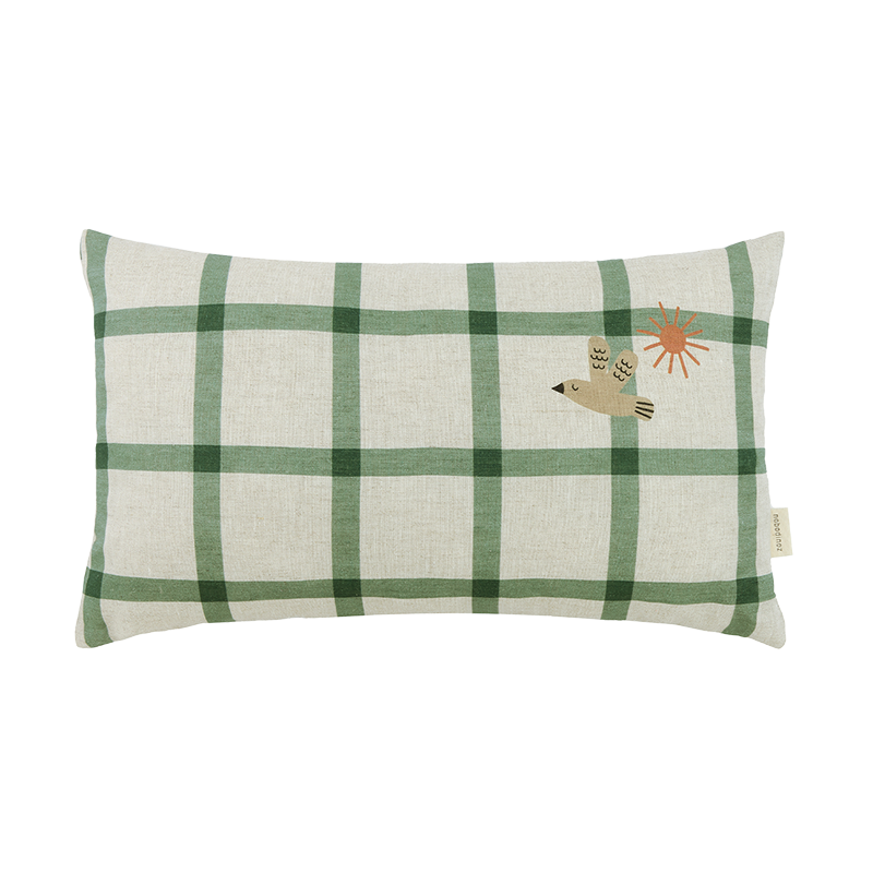 Nobodinoz Kissen aus Leinen 'Vibes' Green Windowpane Bird