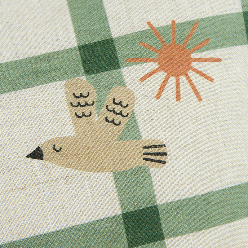 Nobodinoz Kissen aus Leinen 'Vibes' Green Windowpane Bird
