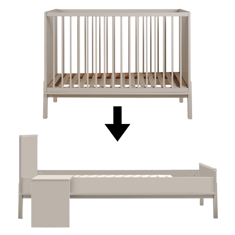 Babybett und Juniorbett in beigem Grauton von Quax.