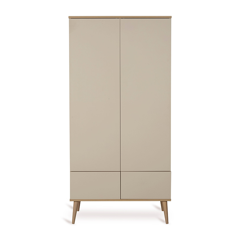 Zweitüriger Schrank mit 2 Schubladen in grau-beige mit Beinen aus massiver Buche von Quax.