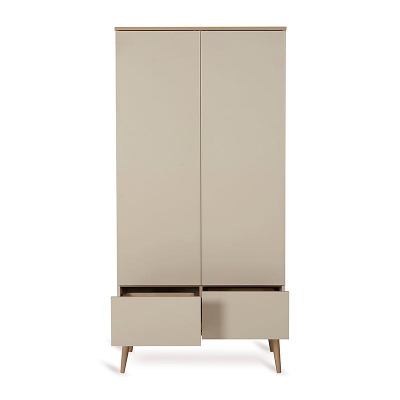 Zweitüriger Schrank mit 2 Schubladen in grau-beige mit Beinen aus massiver Buche von Quax.