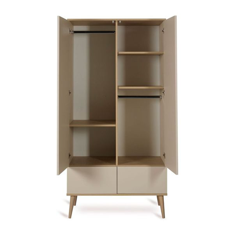Offener Zweitüriger Schrank mit 2 Schubladen in grau-beige mit Beinen aus massiver Buche von Quax.
