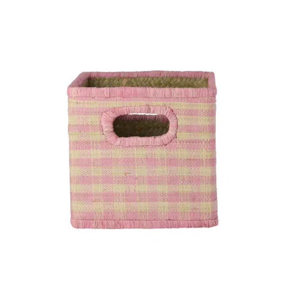 Rice rechteckiger Aufbewahrungskorb Klein 'Raffia' Pink Check