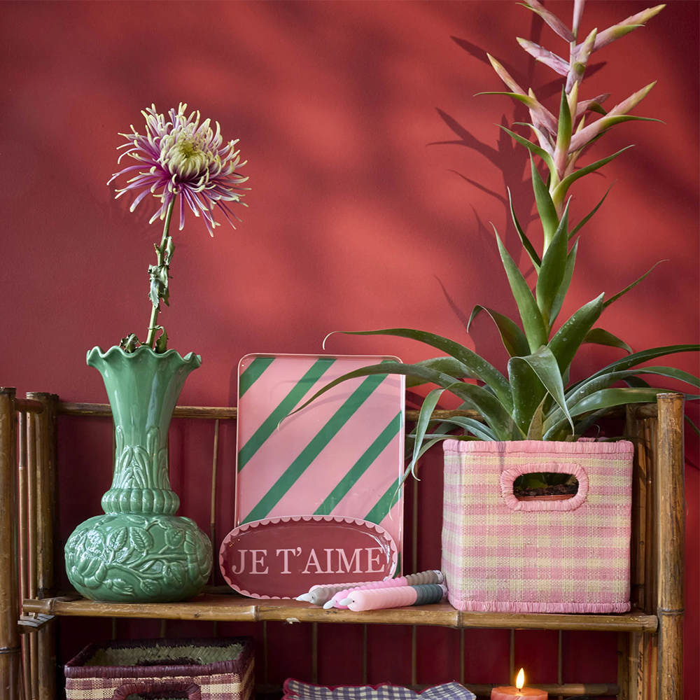 Rice rechteckiger Aufbewahrungskorb Klein 'Raffia' Pink Check