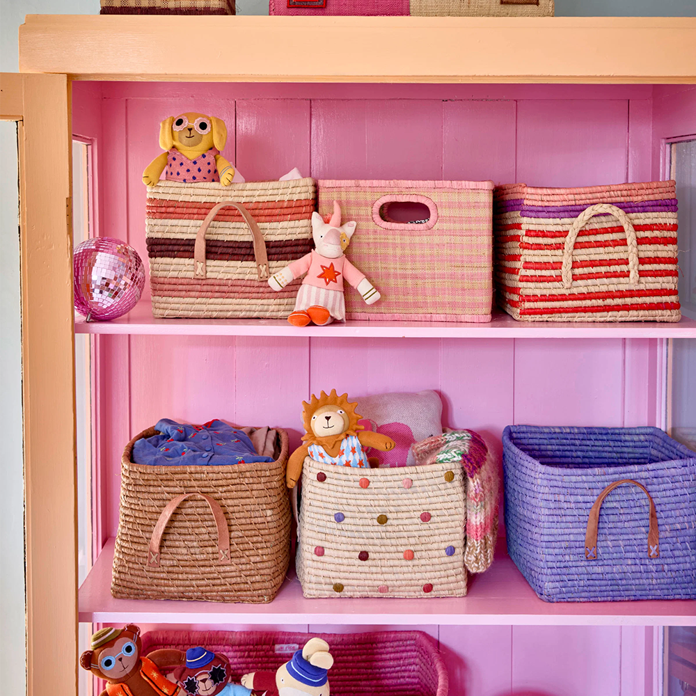 Rice rechteckiger Aufbewahrungskorb Gross 'Raffia' Pink Check