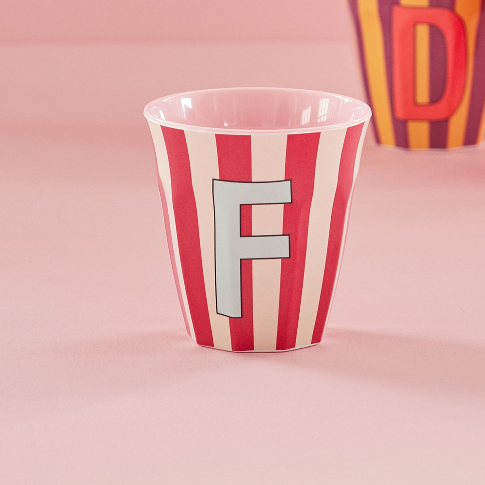 Rice Melamine Cup Medium 'Letter F' Multicolor Stripes Pink