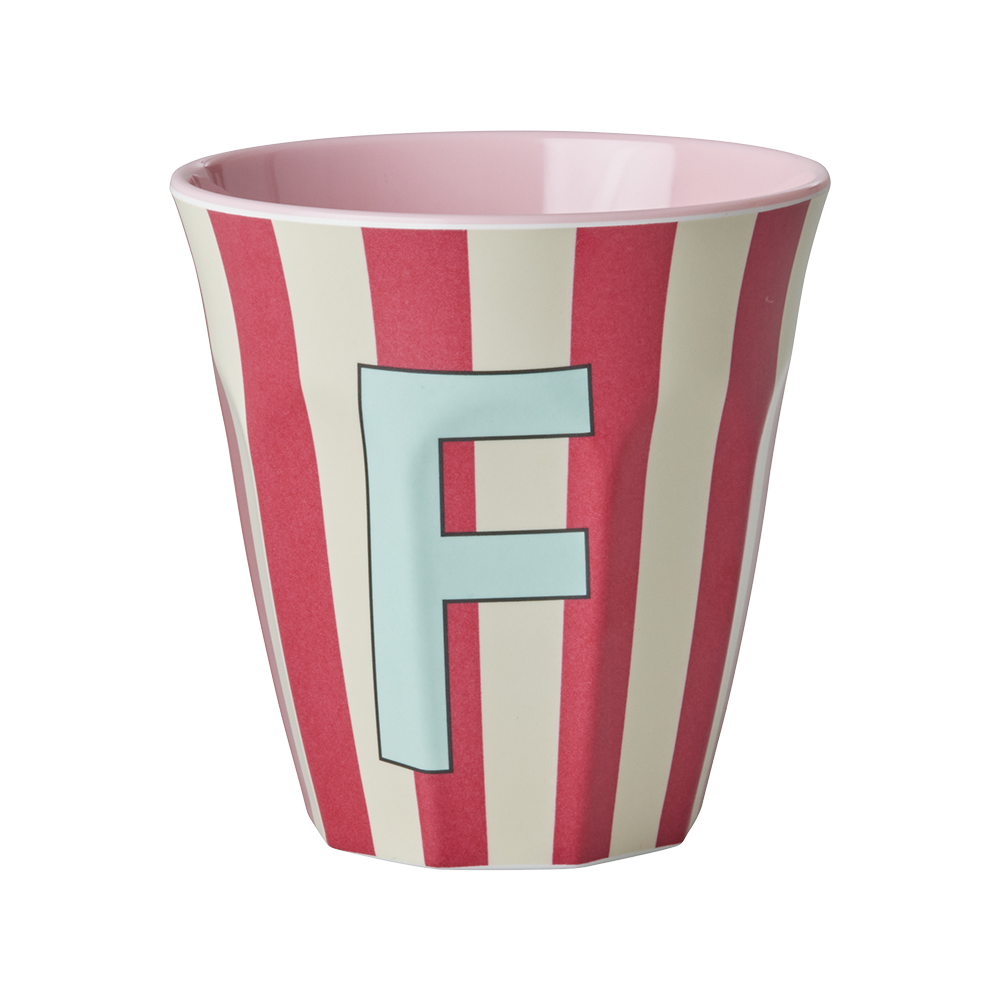 Rice Melamine Cup Medium 'Letter F' Multicolor Stripes Pink