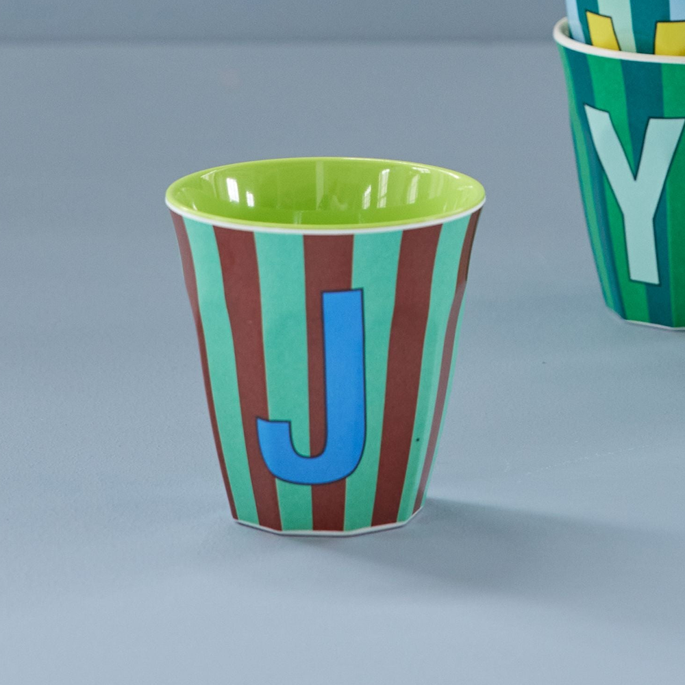 Rice  Melamin Becher Mittel 'Buchstabe J' Multicolor Stripes Green