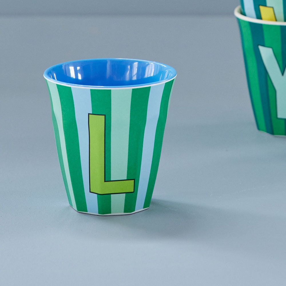 Rice Melamine Cup Medium 'Letter L' Multicolor Stripes Blue