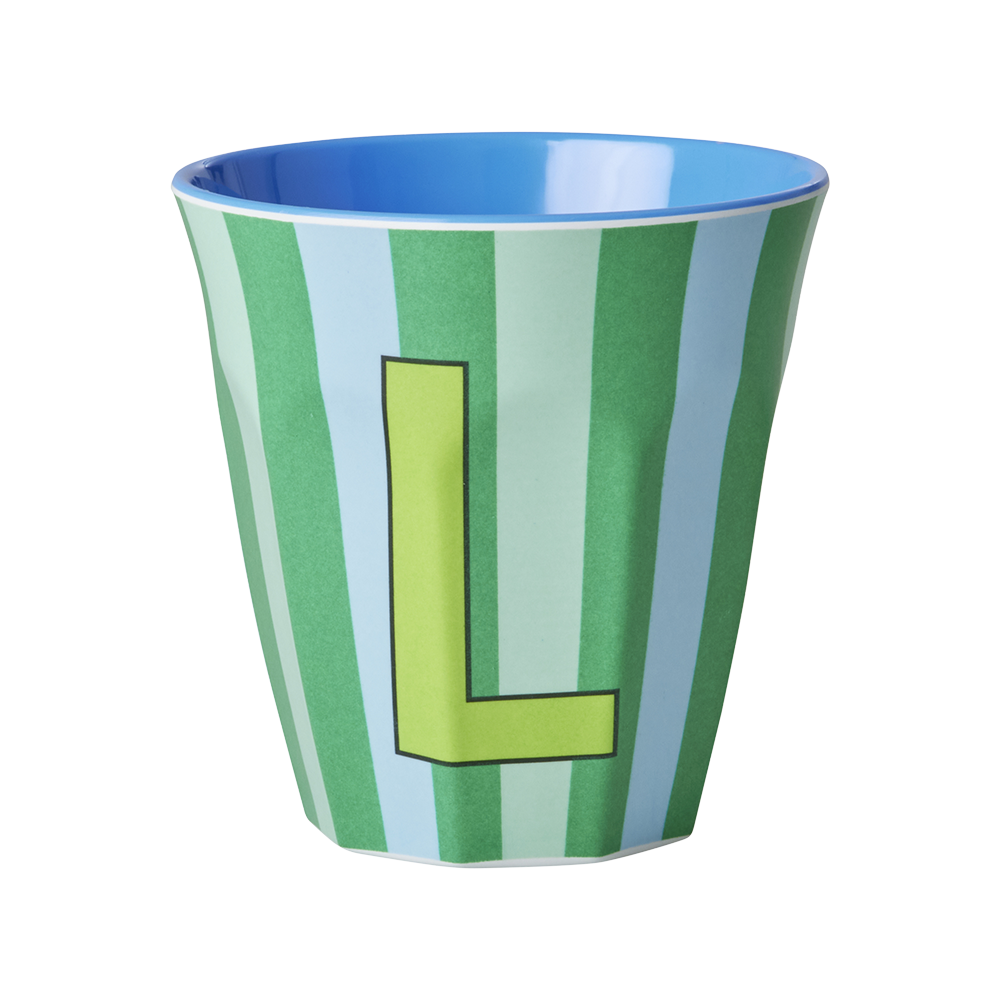 Rice Melamine Cup Medium 'Letter L' Multicolor Stripes Blue