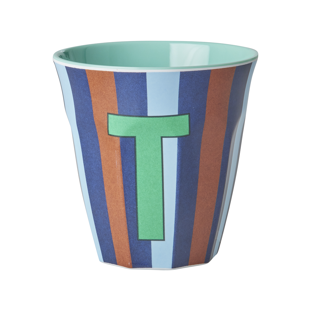 Rice  Melamin Becher Mittel 'Buchstabe T' Multicolor Stripes Mint