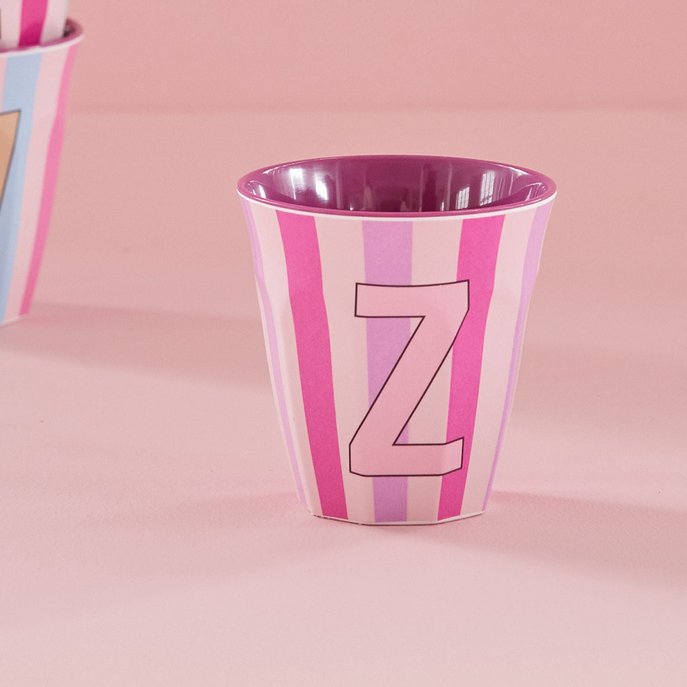 Rice Melamine Cup Medium 'Letter Z' Multicolored Stripes Pink