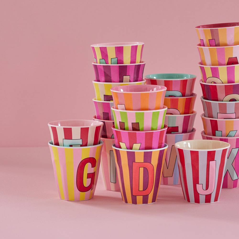 Rice Melamine Cup Medium 'Letter Z' Multicolored Stripes Pink