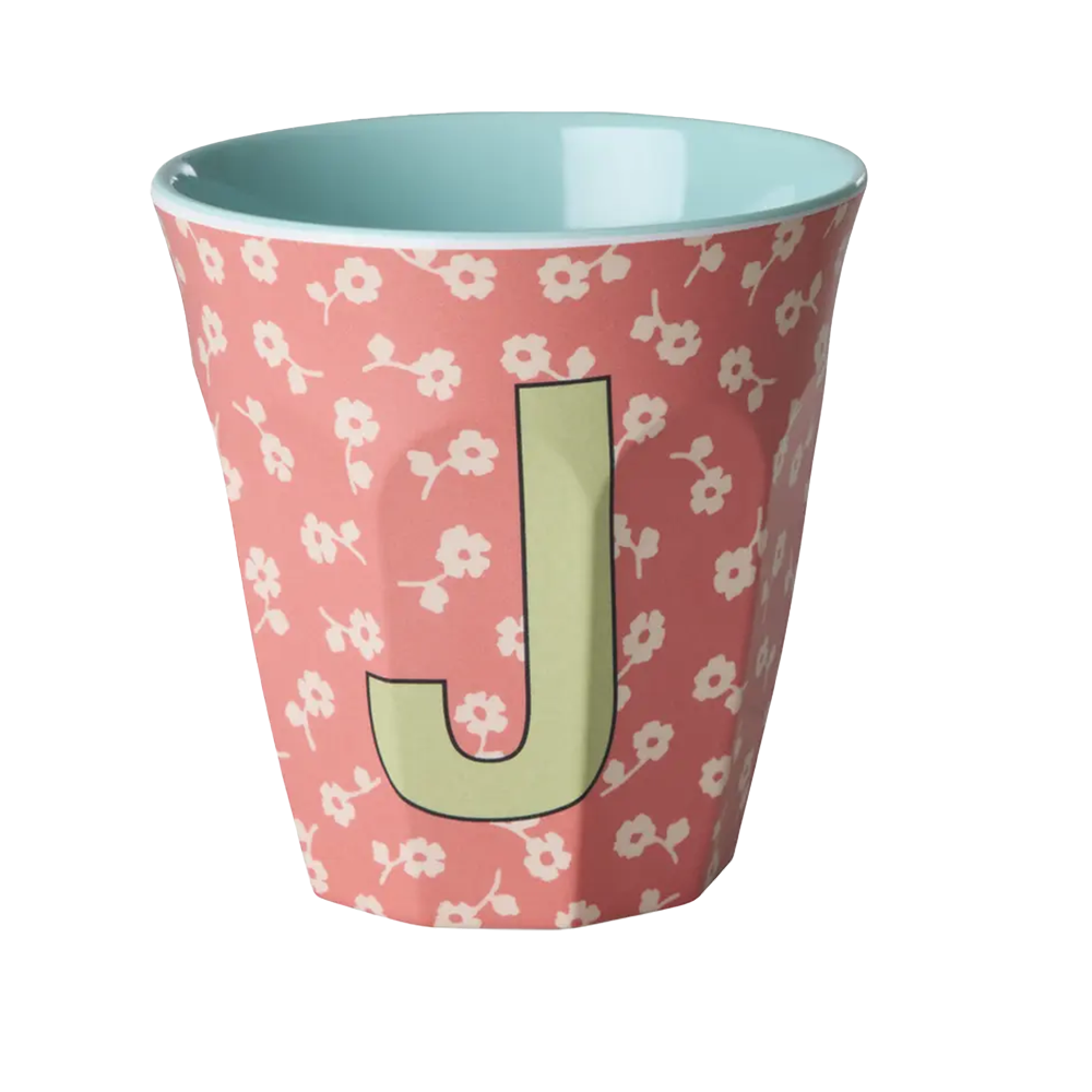 Rice Gobelet mélamine moyen « Lettre J » Flowers Coral