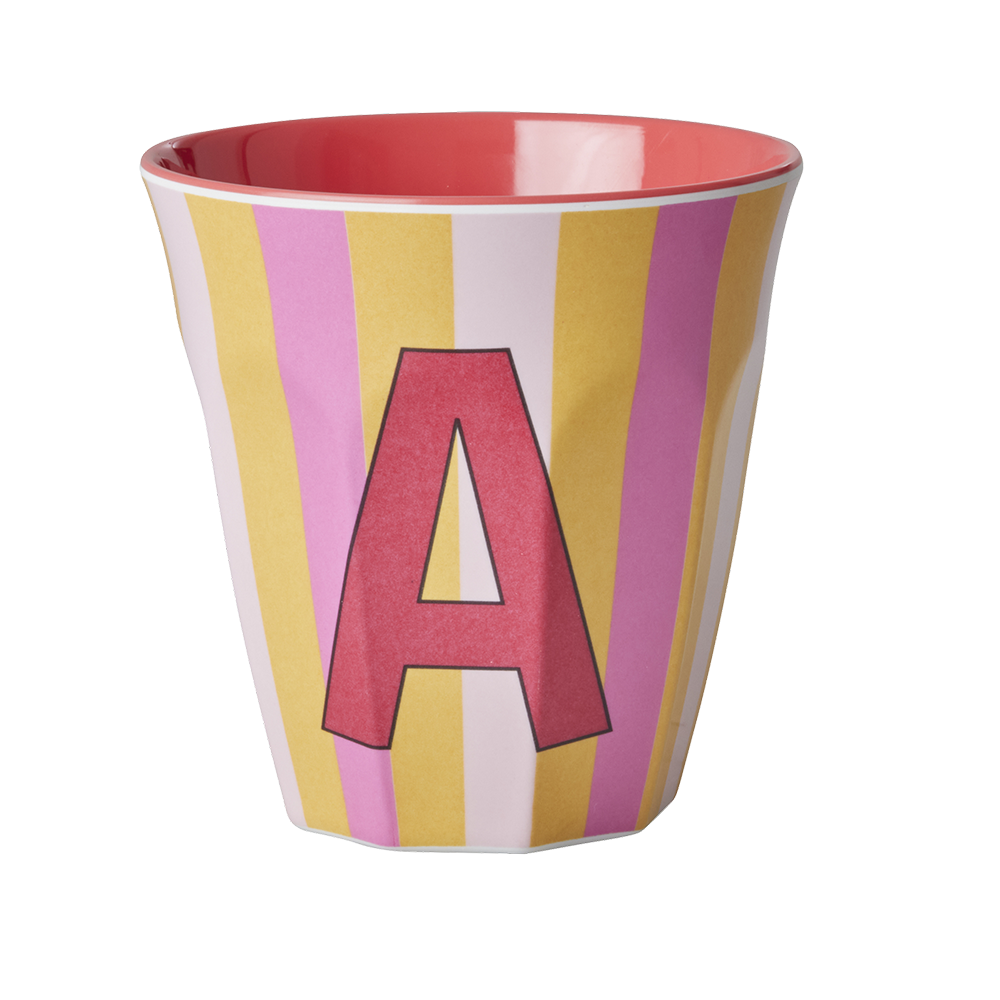 Gobelet en mélamine moyen Rice « Lettre A » rayures multicolores rose